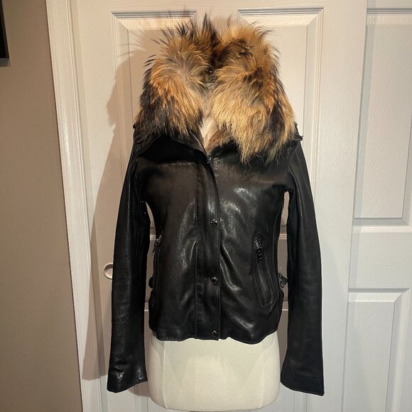 Andrew Marc leather biker jacket with rabbit fur Brown Size P
